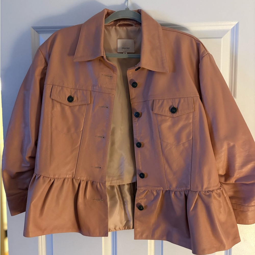 Cinq a Sept Blush Utility Jacket with Ruffle Hem